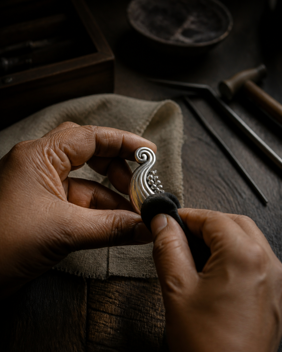 Artisan hands polishing a sculptural silver pendant